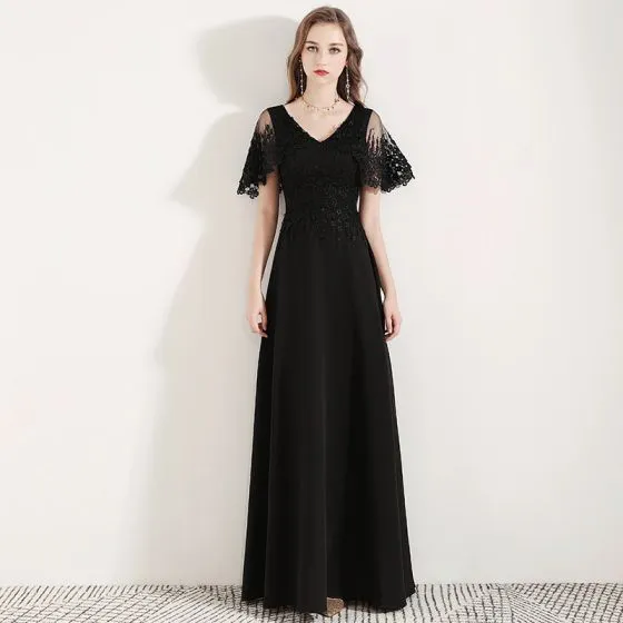 Affordable Black Evening Dresses 2019 A-Line / Princess V-Neck Bell ...