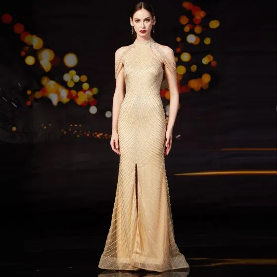 Luxury / Gorgeous Gold Evening Dresses 2020 Trumpet / Mermaid High Neck ...