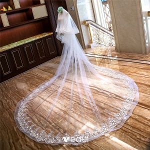 Lovely White Royal Train Wedding Tulle Lace Appliques Flower 4 m Wedding  Veils 2018