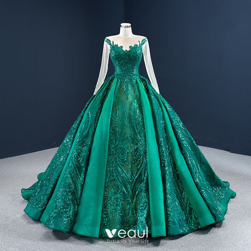 Luxury / Gorgeous Dark Green See-through Prom Dresses 2020 Ball Gown ...