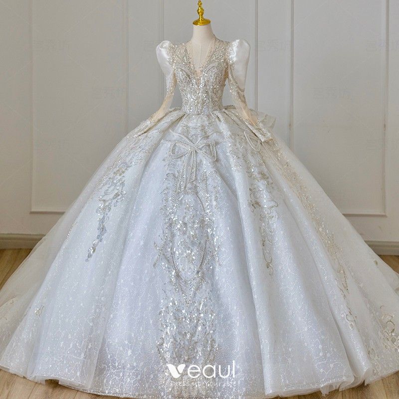 Charming White Beading Pearl Sequins Bow Fall Winter Wedding Dresses   Charming White Beading Pearl Sequins Bow Fall Winter Wedding Dresses 2024 Ball Gown V Neck Long Sleeve Backless Chapel Train Wedding 800x800 