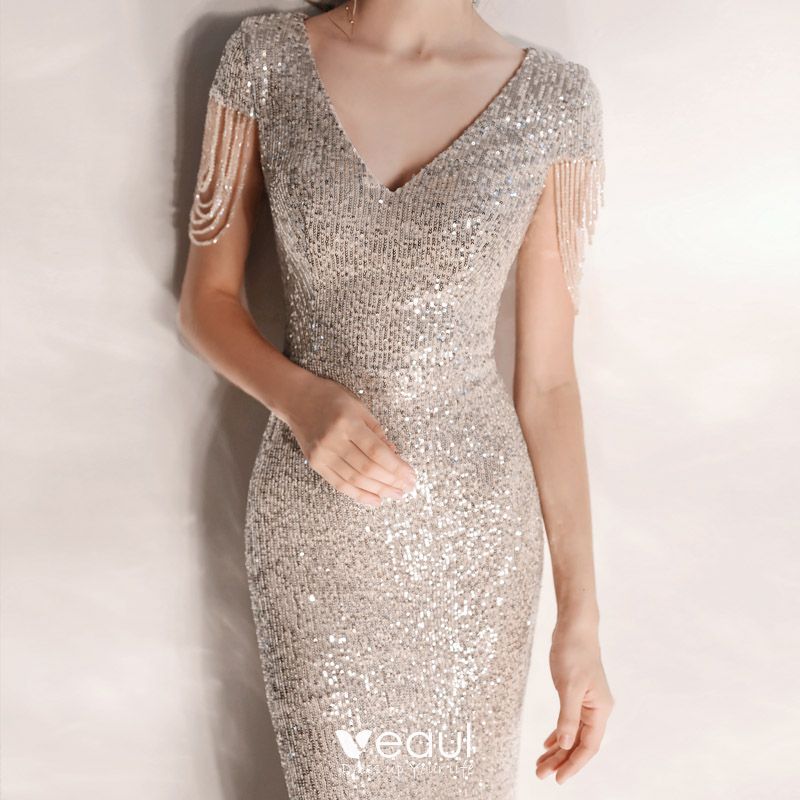 Ligation reward Fuss Sparkly Silver Sequins Evening Dresses 2020 A-Line / Princess V-Neck Short  Sleeve Beading Floor-Length /