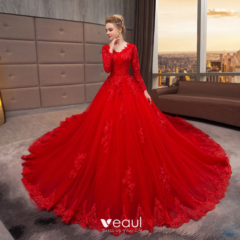 red long sleeve wedding dress