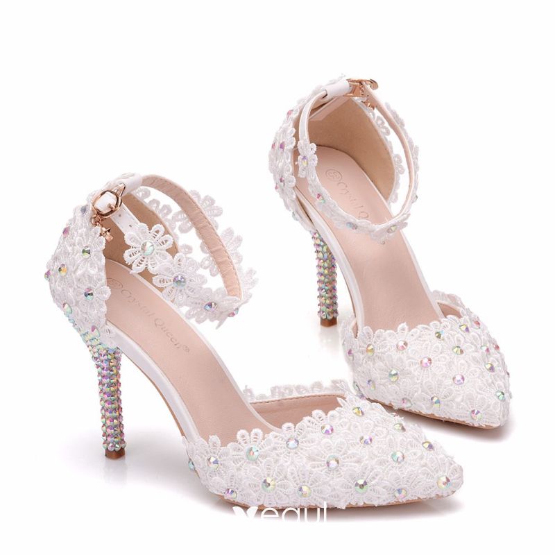 Charming White Wedding Shoes 2018 Lace Ankle Strap Rhinestone 9 cm ...