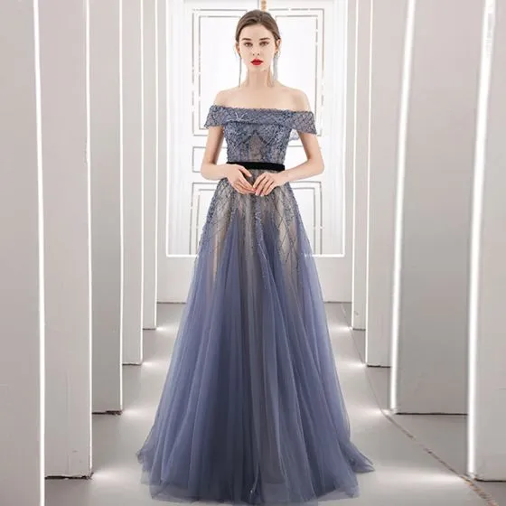 High-end Navy Blue Dancing Prom Dresses 2021 A-Line / Princess See ...