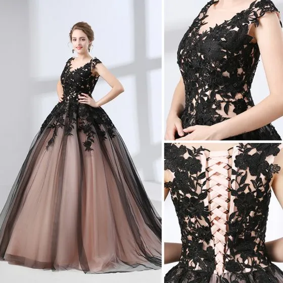 Chic   Beautiful Black Prom Dresses 2018 Ball Gown Appliques Lace V 