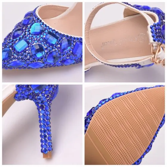 Charming Royal Blue Evening Party Womens Shoes 2018 Crystal Rhinestone ...