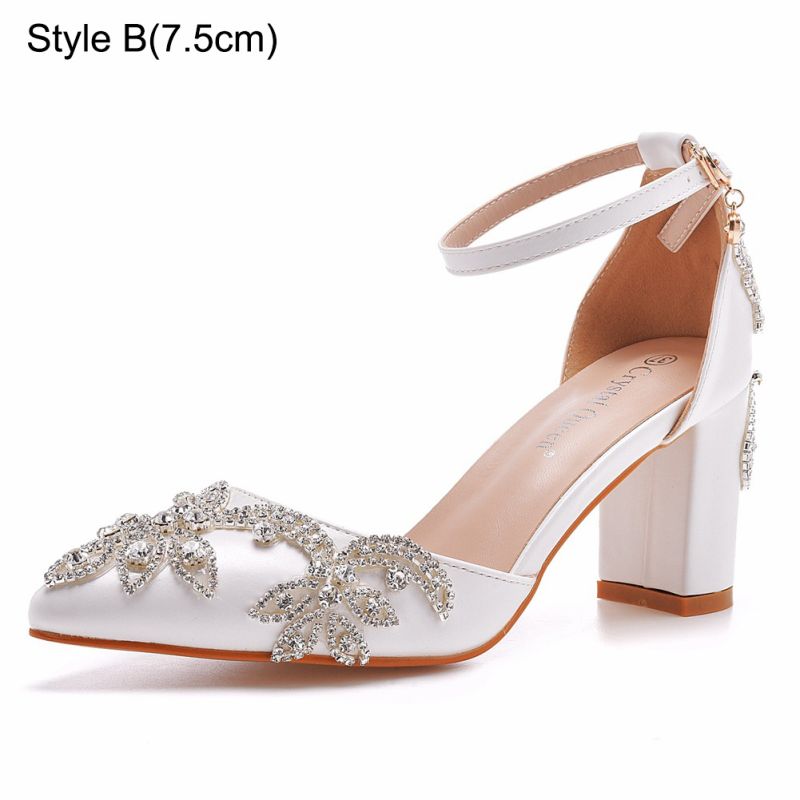 Elegant White Rhinestone Wedding Shoes 2023 Ankle Strap 7 cm Stiletto ...