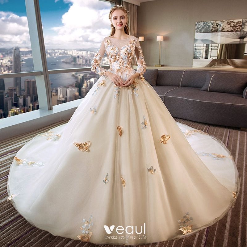 Romantic Ivory See Through Wedding Dresses 2019 Ball Gown Scoop Neck Long Sleeve Backless Butterfly Appliques Lace Cathedral Train Ruffle