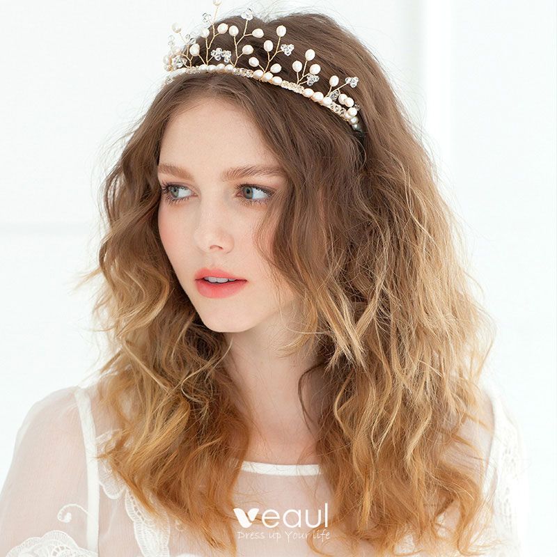 enkelt gang Tak blur Branch Shape Crown Pearl Headdress / Golden Luxury Vintage Bridal Hair  Accessories