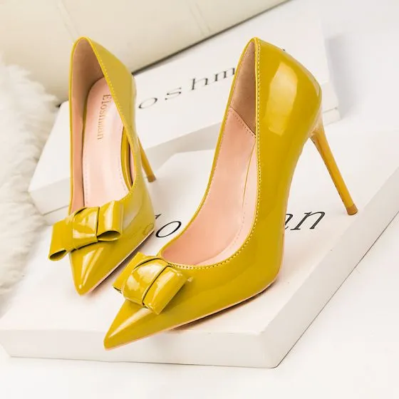 Chic / Beautiful Office OL Bow Patent Leather Pumps 2021 10 cm Stiletto Heels High
