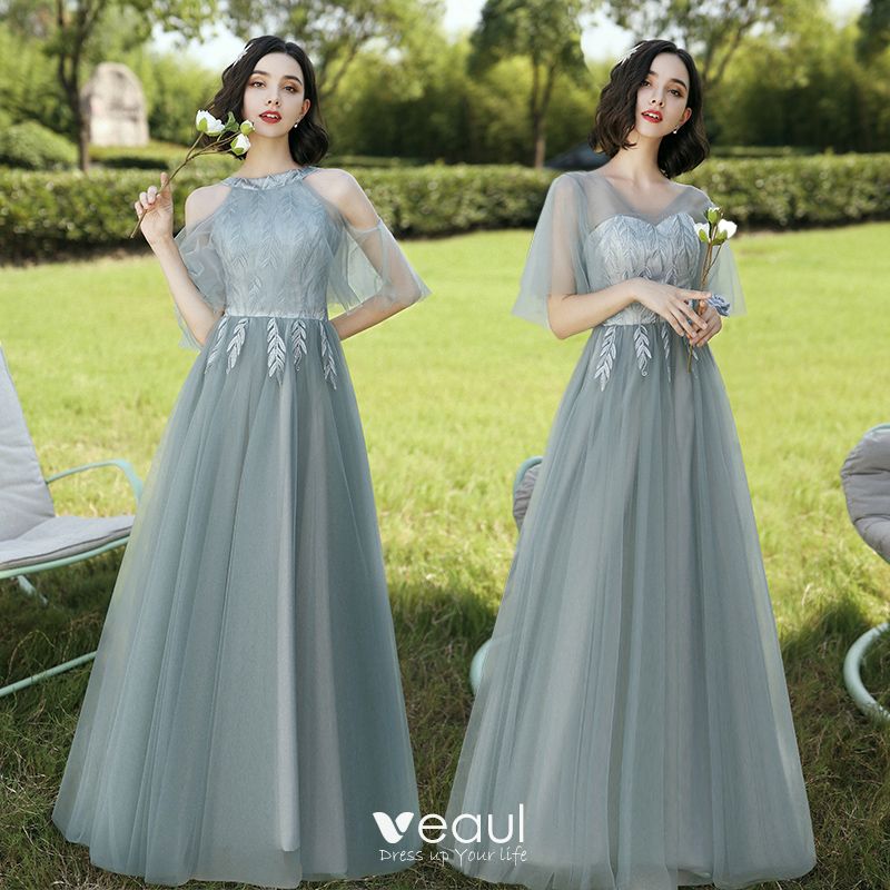 Modest / Simple Sage Green Embroidered Bridesmaid Dresses 2021 A-Line ...