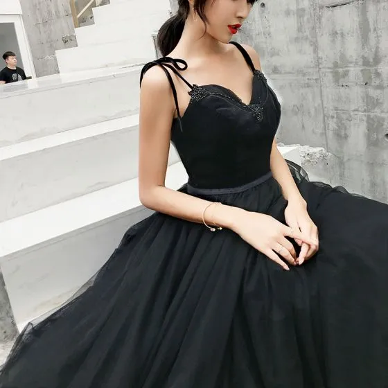 Chic Beautiful Black Prom Dresses 2019 A Line Princess Spaghetti Straps Sleeveless Beading 