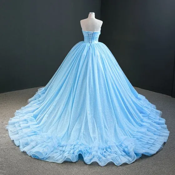 Luxury   Gorgeous Sky Blue Prom Dresses 2020 Ball Gown Strapless 