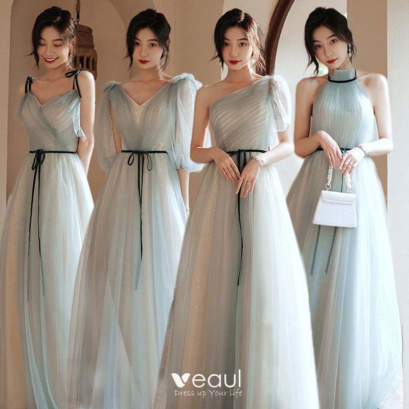 Modest / Simple Sky Blue Bridesmaid Dresses A-Line / Princess Short ...