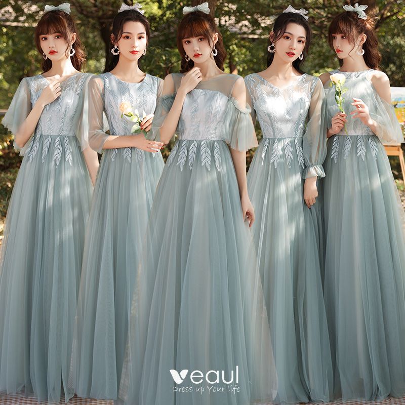Modest / Simple Sage Green Embroidered Bridesmaid Dresses 2021 A-Line ...