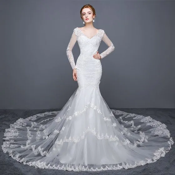 Elegant Church Wedding Dresses 2017 White Trumpet / Mermaid Royal Train ...