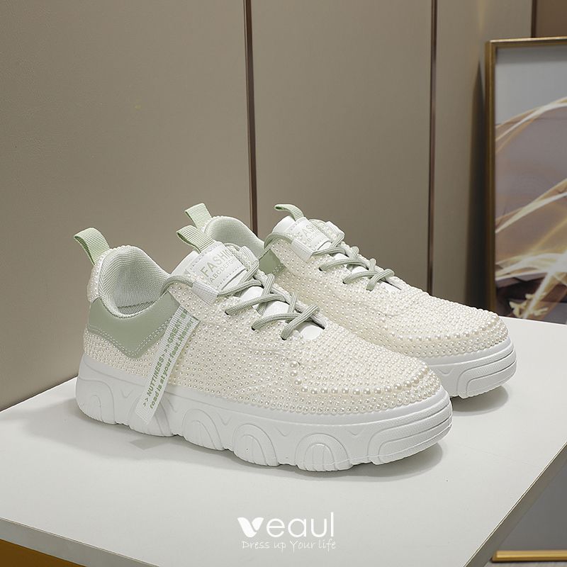 / Beautiful Ivory Pearl Wedding Sneakers 2022 Leather Toe Wedding Shoes