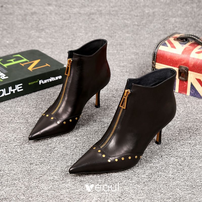 Fashion Black Street Wear Rivet Womens Boots 2021 Leather 7 cm Stiletto ...
