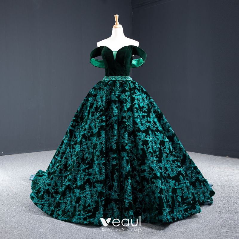 Luxury / Gorgeous Dark Green Suede Evening Dresses 2020 Ball Gown Off ...