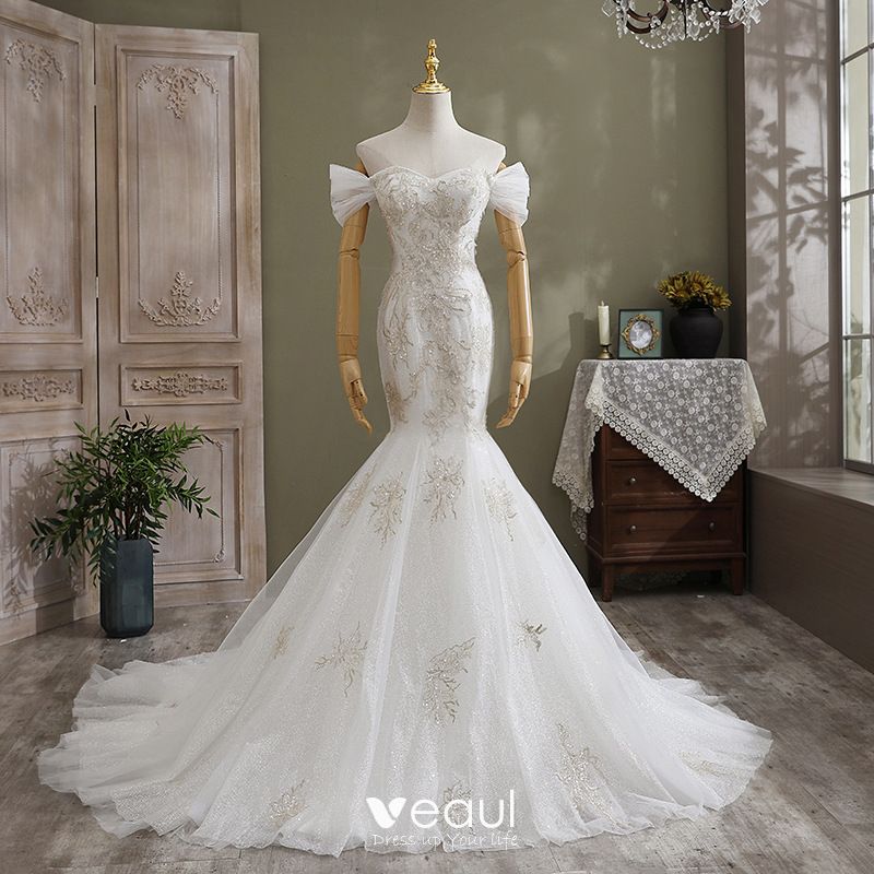 Fashion White Trumpet / Mermaid Wedding Dresses 2021 Off-The-Shoulder ...