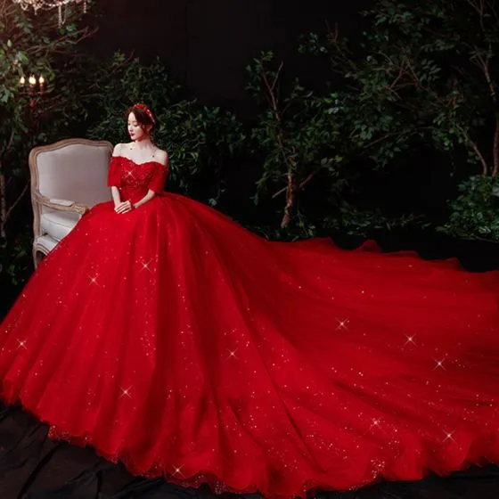 Chinese style Red Bridal Wedding Dresses 2021 Ball Gown Off-The ...