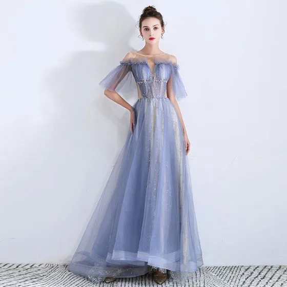 Fabulous Sky Blue See-through Evening Dresses 2019 A-Line / Princess ...