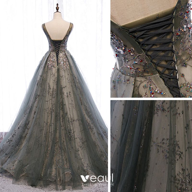 Elegant Grey See-through Prom Dresses 2020 A-Line / Princess Scoop Neck ...