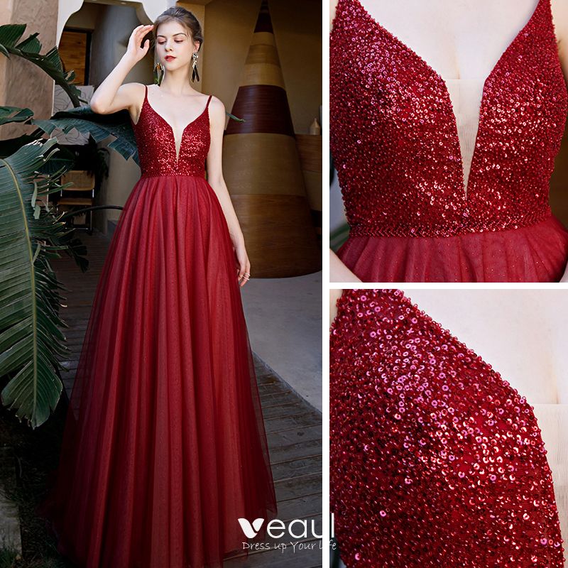 Sexy Burgundy Prom Dresses 2020 A-Line / Princess Spaghetti Straps Deep ...