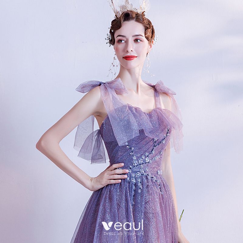 Lilac Glitter V Neck Spaghetti Straps Prom Dress - Promfy