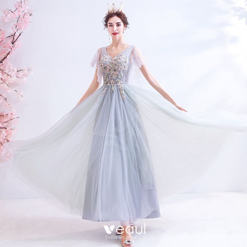 Elegant Grey Evening Dresses 2020 A-Line / Princess V-Neck Pearl ...