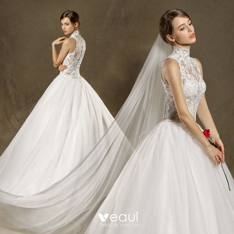 high neck sleeveless lace wedding dress