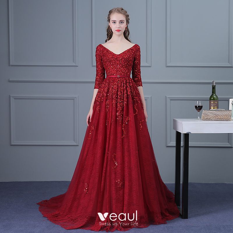 Chic / Beautiful Burgundy Evening Dresses 2018 Empire V-Neck 3/4 Sleeve ...