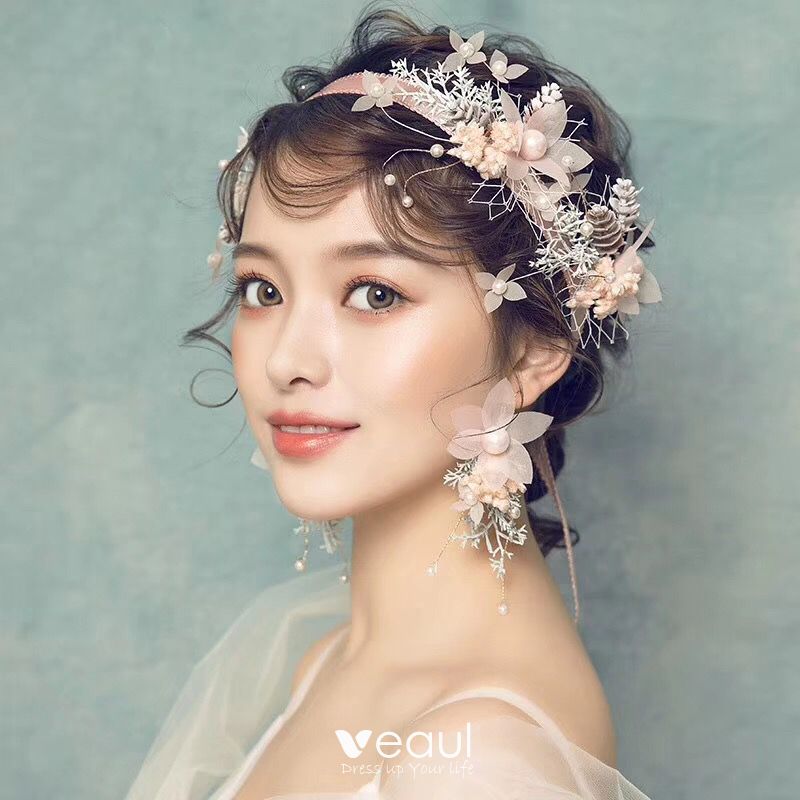 Flower Fairy Pearl Pink Headbands Bridal Hair Accessories 2020 Lace-up  Flower Pearl Earrings Accessories