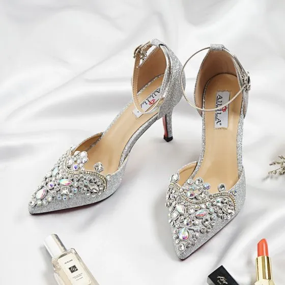 Sparkly Silver Wedding Shoes 2018 Glitter Rhinestone Sequins Buckle 9 ...