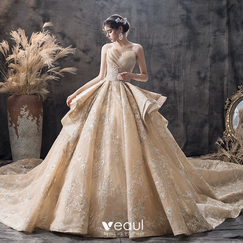 Luxury Gorgeous Champagne Wedding Dresses 2019 Ball Gown