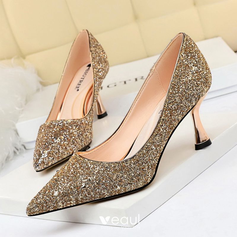 Sparkly Gold Glitter Evening Party Pumps 2020 Sequins 7 cm Stiletto Heels Pointed Pumps