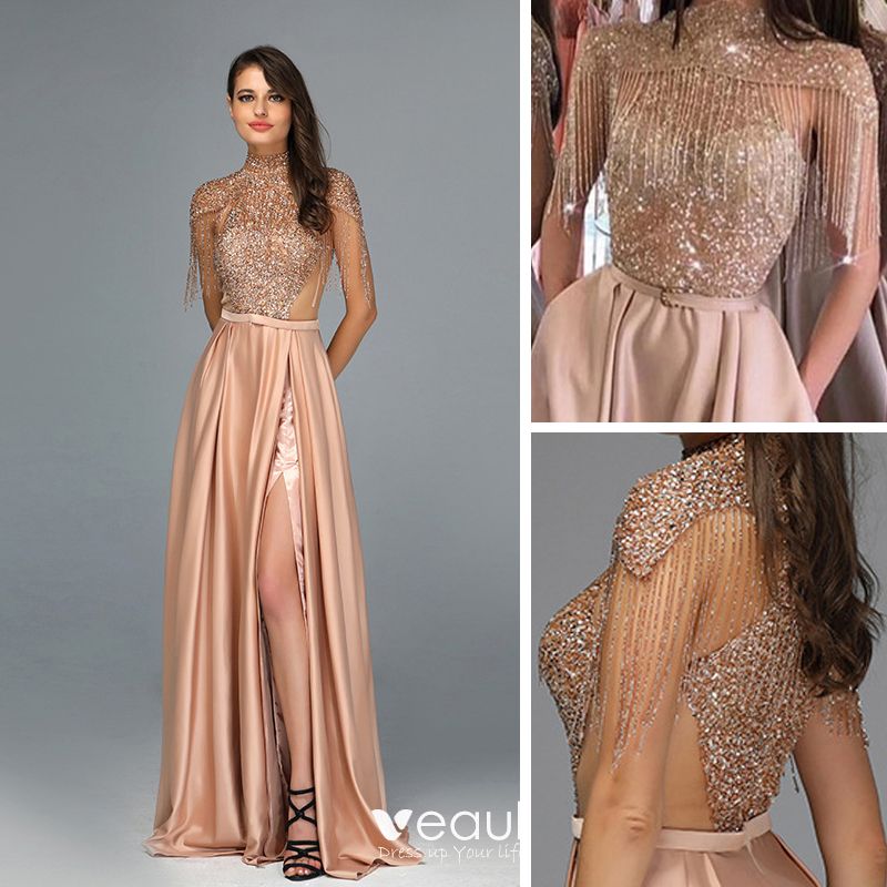Highend Gold Satin Seethrough Prom Dresses 2020 ALine / Princess
