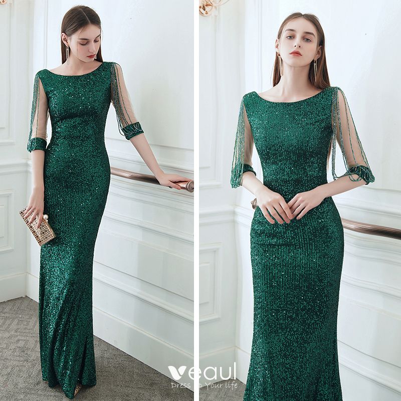 Sparkly Dark Green Sequins Evening Dresses 2020 Trumpet / Mermaid Scoop ...