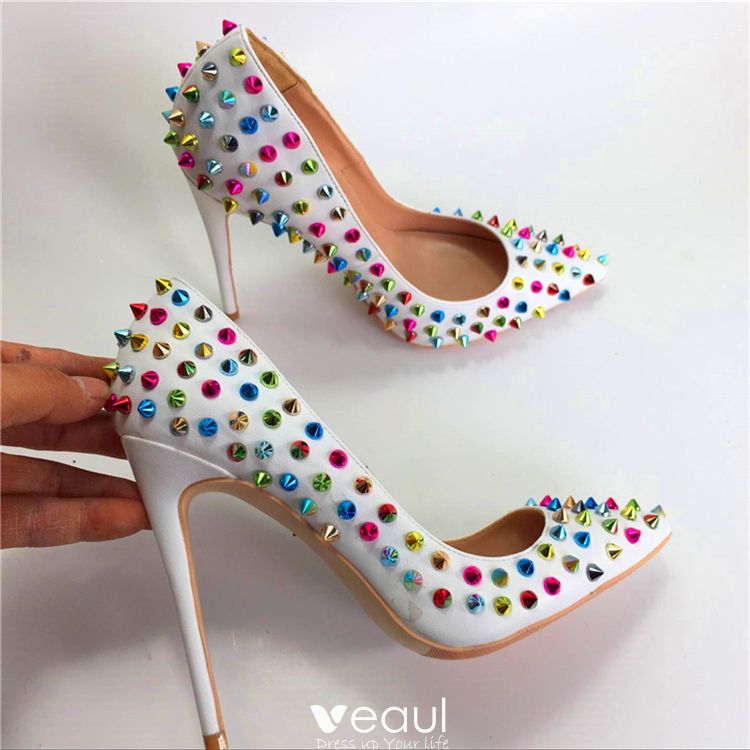 Chic / Beautiful White Casual Pumps 2019 Leather Multi-Colors Rivet 12 ...