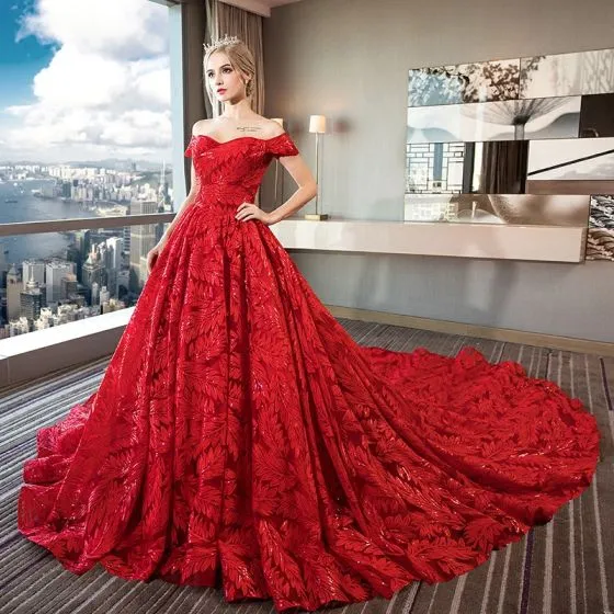 Luxury / Gorgeous Red Lace Wedding Dresses 2018 Ball Gown Off-The ...