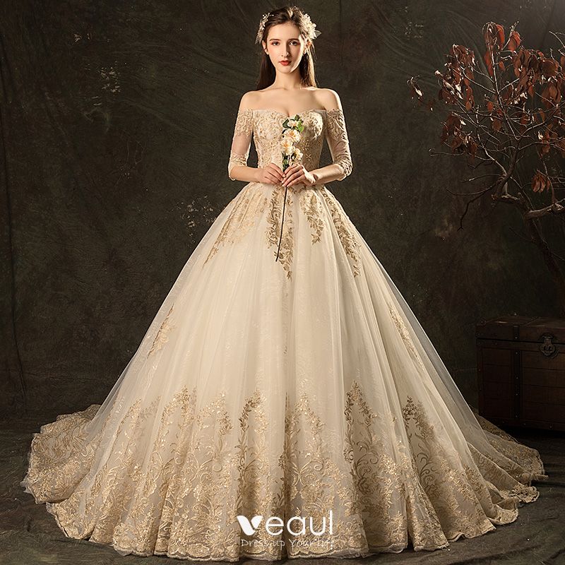 Affordable Champagne Wedding Dresses 2019 Ball Gown Off-The-Shoulder 3/ ...