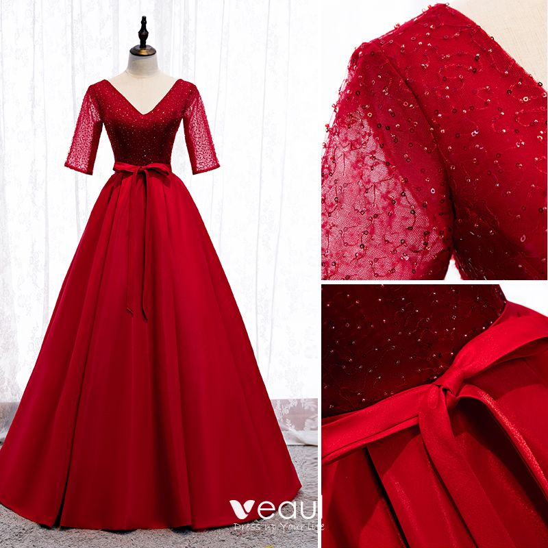 Elegant Red Prom Dresses 2020 A-Line / Princess V-Neck Bow Beading ...