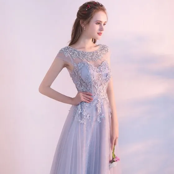 Chic / Beautiful Grey Prom Dresses 2017 A-Line / Princess Scoop Neck ...