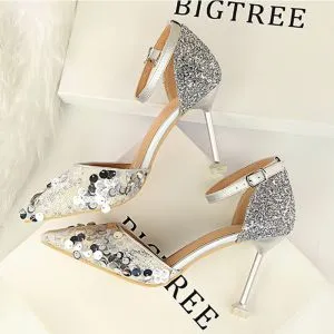 Affordable Silver Casual Womens Shoes 2019 Ankle Strap Sequins 9 cm Stiletto Heels Pointed Toe High Heels