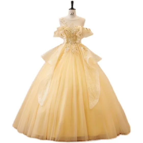 Chic / Beautiful Yellow Lace Pearl Sequins Prom Dresses 2022 Ball Gown ...