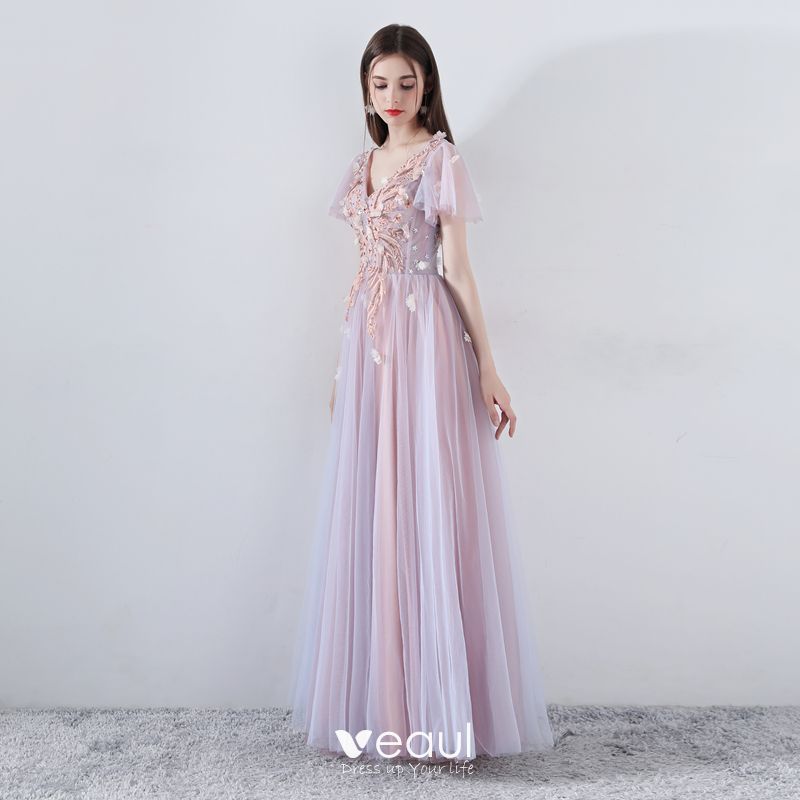 Romantic Pearl Pink Prom Dresses 2019 A-Line / Princess V-Neck Short ...