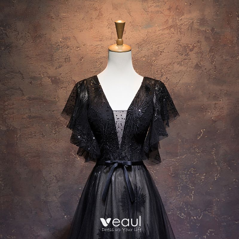 Elegant Black Evening Dresses 2019 A-Line / Princess See-through Deep V ...