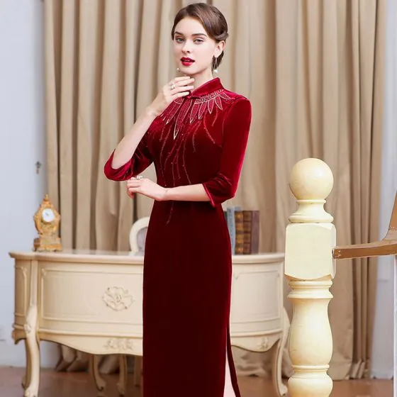 High-end Burgundy Velour Cheongsam / Qipao 2020 High Neck 3/4 Sleeve ...