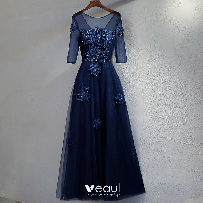 navy lace evening gown